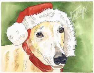 Watercolor Greyhound Santa Notecards -  Set of 4 w/envelopes - Picture 1 of 2
