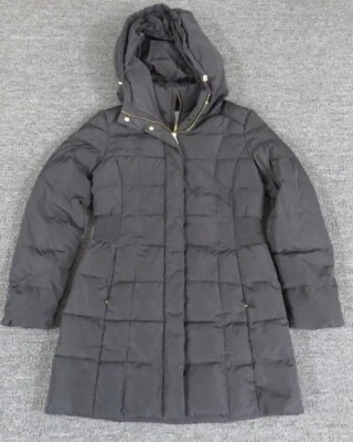 Abrigo acolchado Cole Haan para mujer pequeño negro cremallera completa plumón de ganso con capucha informal Foto 1 de 4