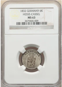 1932 Germany Hesse-Cassel. 6 Kreuzer 1832 Silver Coin NGC MS 63 TOP 2 - Picture 1 of 9