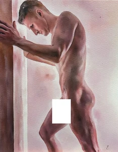 Nude Male, Gay Art Painting, original watercolor by artist Eric Fisher - Picture 1 of 3