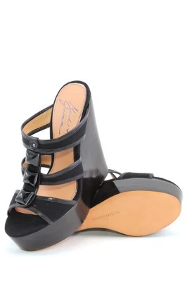 Mark & James Badgley Mischka Rosana BLACK Stones Wooden Wedges Canvas Sandal NEW - Image 1 of 4