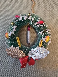 Vintage Flaschenbürste Kranz Ornament mit Quecksilber Glas Kerzenkugeln Obst beflockt  - Bild 1 von 7