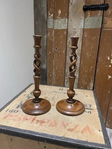 Antique English Barley Twist Candlesticks Candle Holders Brown Wooden - Picture 1 of 22