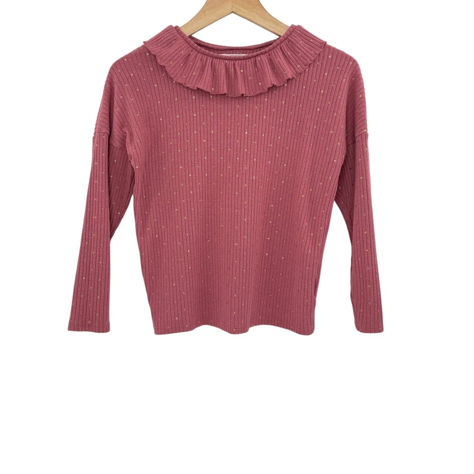 Top H&M Niños, Talla 8/10, Manga Larga Cuello Volantes, Rosa con Lunares Dorados Foto 1 de 4