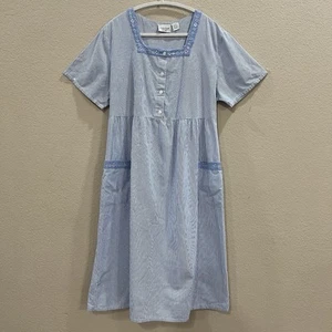 Vtg Amanda Stewart House Dress Sz XL Blue Stripe Floral Trim Farm Cottagecore - Picture 1 of 7