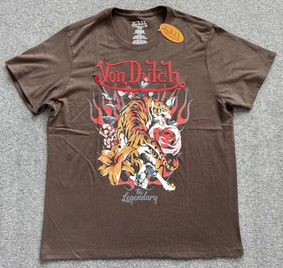 NWT VON DUTCH Brown Embroidered Tiger Print Short Sleeve T Shirt - Men Sz XL - Image 1 of 4