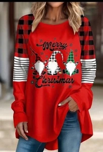 Plus size 22 3x Christmas Gnome Red Varsity Gingham Long Shirt Sweater Top - Picture 1 of 5
