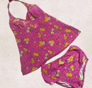 Vintage Nylon Bright Pink Floral Halter Swimsuit Size 12 - Picture 1 of 5