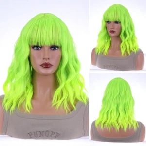 Breathable Hair Wigs for Women 14" Bright Gradient Green Curly Wig Loose Wavy - Picture 1 of 12