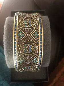 HEIDI DAUS Blue Crystal Wide Byzantine Beauty Pierced Bronze Bangle M/L NIB! - Picture 1 of 5