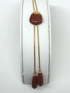 Vtg 60s TRIFARI Gold tone Necklace Brownish red Lucite Shell Lariat Slider - Picture 1 of 8