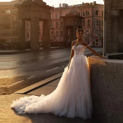 Sexy A-Line Wedding Dresses Off Shoulder Cap Sleeves Lace Appliques Bridal Gowns - Image 1 of 4