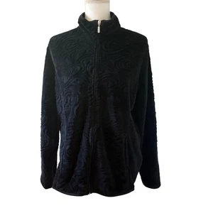 Black Swirl Pattern Full-Zip Fleece Jacket Womans Size L/G Soft Warm Outerwear - Picture 1 of 13