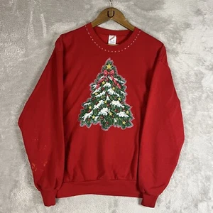 Vintage 90s Homemade Christmas Tree Sweatshirt - Adult Size Large - Red - Picture 1 of 11