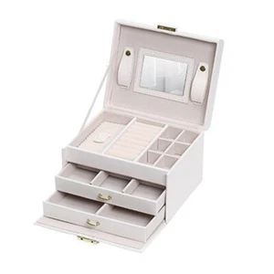 Jewellery Box With Mirror Double Drawers Organizer Storage Lock Case, White - Picture 1 of 6