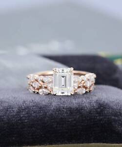 1.75CT Emerald Moissanite Double Marquise Stacking Wedding Band 14kRoseGold Over