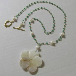 Onyx Frangipani Plumeria Perlmutt Blüte Anhänger-Kette 750 18K Gold 925 Silber - Bild 1 von 14