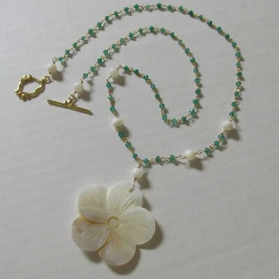 Onyx Frangipani Plumeria Perlmutt Blüte Anhänger-Kette 750 18K Gold 925 Silber - Bild 1 von 4