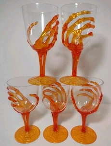 Halloween Skeleton Hand Plastic Goblets Orange Stem 7" Tall Lot of 5 - Picture 1 of 7