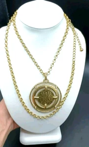 Chicos Coin Medallion Pendant Necklace Brushed Gold Tone Hip Hop Statement 21" - Picture 1 of 10