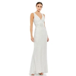 Mac Duggal ABITO A COLONNA CON PAILLETTES SENZA MANICHE SCOLLO A V taglia 8 colore bianco - Foto 1 di 16