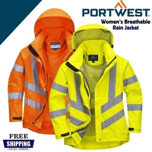 Portwest Hi-Vis atmungsaktive Damen-Regenjacke wasserdicht abnehmbar Kapuzenmantel - Bild 1 von 8