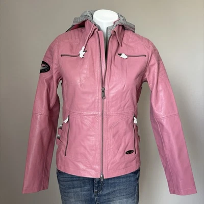 Chaqueta de motociclista de cuero Harley Davidson 3 en 1 etiqueta rosa talla pequeña capucha extraíble Foto 1 de 4