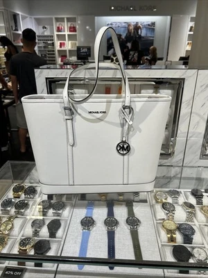 Michael Kors Jet Set Travel Large Saffiano Leather Shoulder Tote Bag Optic White - Image 1 of 4