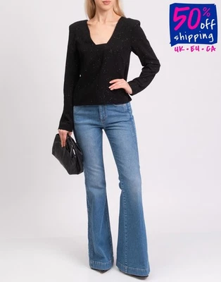 PVP €160 PATRIZIA PEPE Crepe Top IT44 US8 UK12 L Negro Brillante V-Back Foto 1 de 4