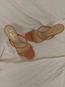 Lulus Theyaa two strap stiletto mule heels sandals tan NEW 7 - Picture 1 of 4