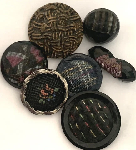 7 Antique, Vintage Black Glass Imitating Fabric Buttons Cover