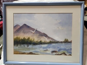 Vtg Mountain watercolor painting signed Blue framed Flying Seagull Beach Ocean - Picture 1 of 16