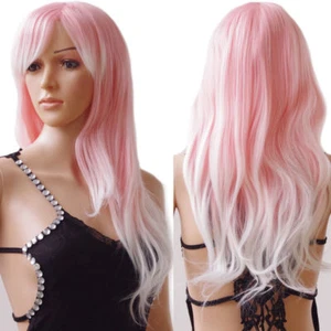 Fashion Long Pink Mix White Wavy Women Lady Cosplay Hair Wig Full Wigs + Wig Cap - Picture 1 of 3