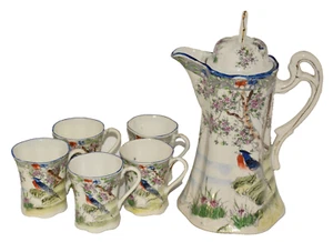 Japan Hand Painted Tea Coffee Pot + 5x Cups - Varied Tit Birds + Cherry Tree - Picture 1 of 13