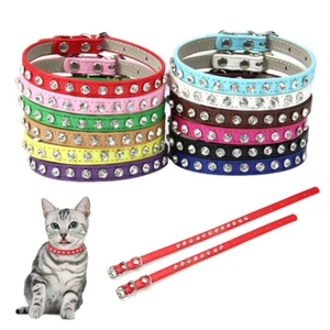 Pet Dog Collars Suede Leather Bling Rhinestone Crystal Necklace Cat Puppy Collar - Picture 1 of 20