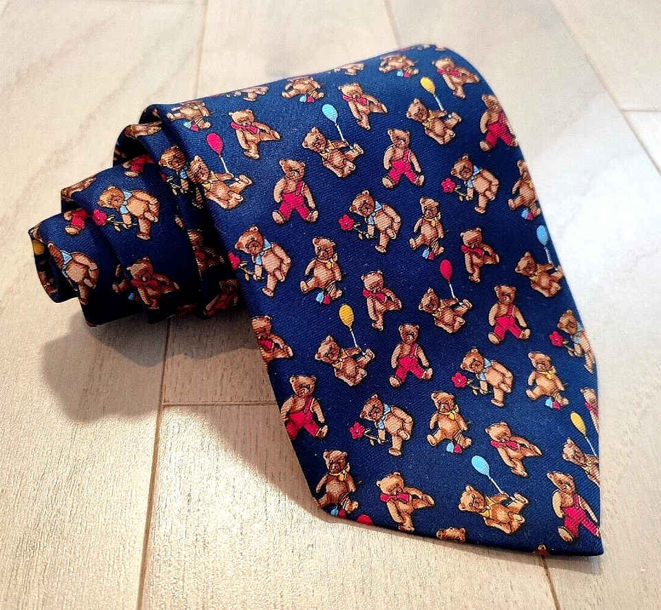 Cravatta orsacchiotto Vivax by Sambrook Witting London 100% seta blu multicolore pippo - Immagine 1 di 4