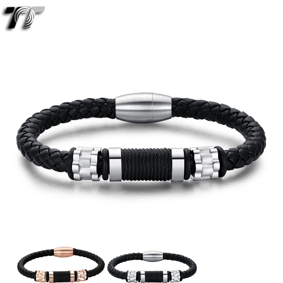Pulsera TT Cuero Negro 316L Acero S. Cuentas Imán Hebilla Plata/Rosa (BR317) NUEVO Foto 1 de 1