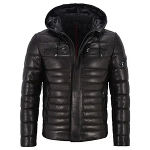 Men's Puffer Leather Jacket with Hood – Premium Lambskin Down Coat for Casual - Picture 1 of 5