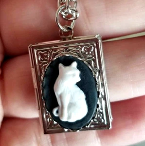 Cameo Cat Necklace Cat Locket Pendant Necklace Book Locket Cat Jewelry - Picture 1 of 7