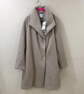 Cyrus faux brushed fur oversized collar pockets taupe overcoat swing coat 2X New - Picture 1 of 5