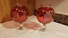 Pair Vintage Cranberry Glass Iris Etched Ivy Ball Rose Bowl Vase