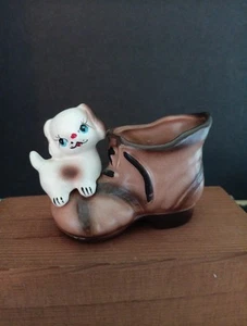 Vintage Enesco Japan little dog on boot ceramic toothpick holder - Picture 1 of 5