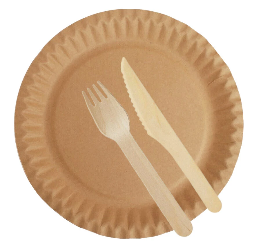 Bio Grillset (je 100 Stück Pappteller braun Ø 23 cm & Holzmesser, Holzgabeln) - Bild 1 von 1
