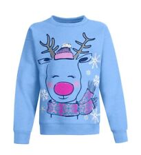 Girls 10-12 Hanes Ugly Christmas Sweater BLUE Reindeer Rudolph SOFT NWT
