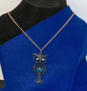 Vintage Owl Pendant Necklace Black Gold Tone Blue Rhinestone Eyes Orb Belly 24" - Picture 1 of 5