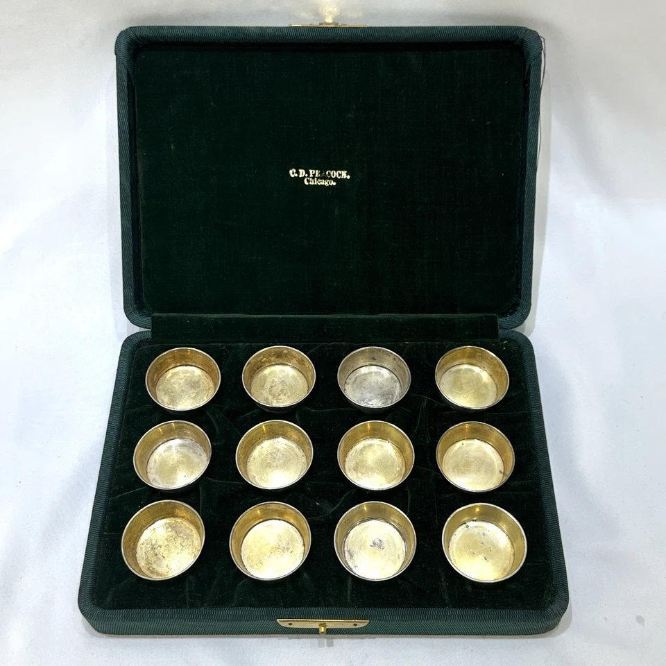 古董 Gorham 纯银开放式盐窖 12 件套加厚织物盒 — 第 1/4 张图片