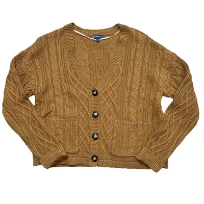 Democracy L Brown  Chunky Cable Knit Button Up Cardigan Sweater Preppy Cozy - Image 1 of 4