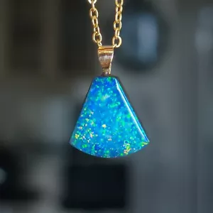 14K Gold Australian Opal Necklace, Coober Pedy Doublet, Blue Opal Pendant - Picture 1 of 9