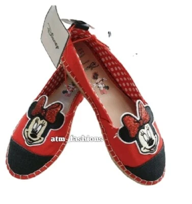 PRIMARK Women's Disney Minnie Mouse Red Glitter Canvas Espadrille Flats Shoes UK 3,4 5,6