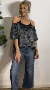 Knox Rose Womens Small Gray Crushed Velvet Off Shoulder Top Bohemian Hippie Goth - Picture 1 of 20